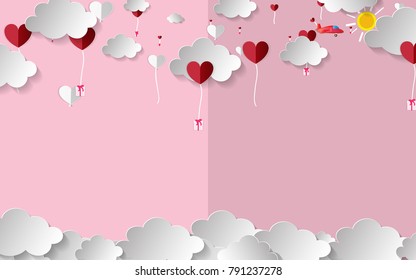 Vector illustration.paper craft style. love for Valentine's day. and  big heart and mini heart and plan on pink background with. design for valentine's festival .