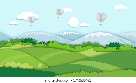 vector illustration.Paper cut style of field landscape in summer time, Paper art spring landscape with blue sky and hot air balloons heart flying, Panorama flat cartoon for holiday banner background