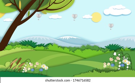 vector illustration.Paper cut style of field landscape in summer time, Paper art spring landscape with blue sky and hot air balloons heart flying , panorama flat cartoon for holiday banner backgroud.