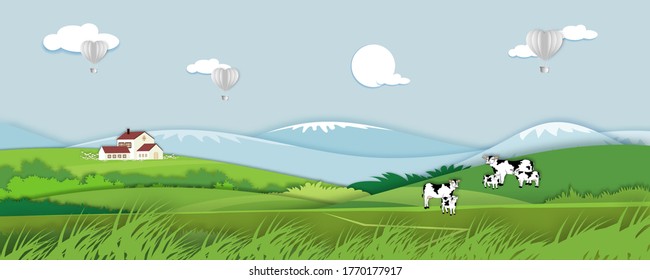 Vektorgrafik.Papierschnitt-Stil der Feldlandschaft in Sommerzeit, Papier-Kunstfeder-Landschaft mit blauem Himmel und Heißluftballons Herzfliegen, Panorama-Flachkartoon für Urlaubsbanner-Hintergrund