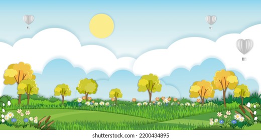 Ilustración vectorial.Estilo de corte de papel paisaje de campo en verano, paisaje de primavera de arte de papel con cielo azul y globos de aire caliente volando en el corazón, caricatura panorámica plana para ambientes ecológicos