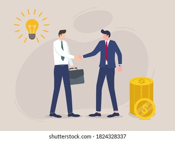 ilustración vectorial, cooperación de asociación intercambio de ideas y dinero, comercio creativo, dos hombres tomados de la mano, aceptación de una oferta, diseño plano