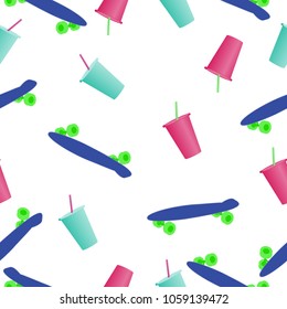 Vector illustration.Pattren of colorful skateboards and cups.