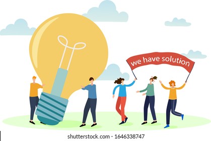 Vector illustration.People hold a light bulb and a placard that says we have a solution.The concept of collaboration, brainstorming.