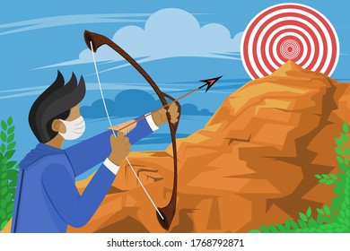 Vector illustration,people holding a bow aiming at a hilltop, business target setting concept