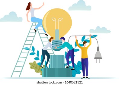 Vector illustration.People install a light bulb.The concept of joint search for ideas.