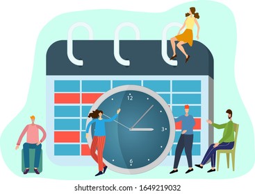 Vector illustration.People make a schedule and check it against the clock and plan tasks.Concept of task planning, schedule of operations, agenda and work schedules.