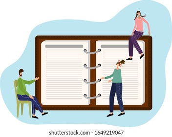 Ilustración vectorial.Las personas hacen un programa.Concepto de planificación de tareas, programación de operaciones, agenda.
