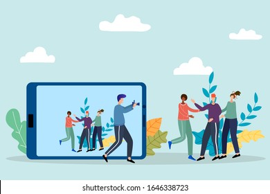 Vektorillustration-Illustration.Menschen werden fotografiert.Im Hintergrund ein Tablett mit einem Bild dieser Menschen.