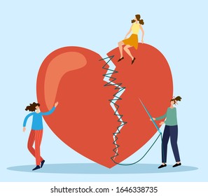 Vector illustration.People stitch up a broken heart.Symbolizes love, feelings and care.