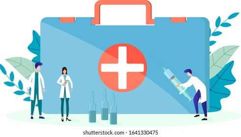 Vector illustration.People in white coats are preparing for vaccination.In the background, a medical bag and ampoules with injections.