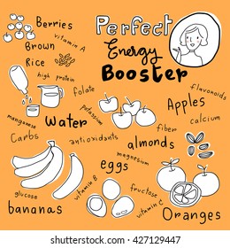 vector illustration-perfect energy booster food such as blueberries, apples, water,brown rice,bananas, eggs, almonds, oranges. words regarding nutrition are included.