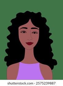 Vector illustration.Portrait of a young beautiful girl with dark wavy hair.Portrait, avatar of a person: face and shoulders.Girl with a bright exotic appearance.Cartoon style portrait, doodle .