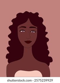 Vector illustration.Portrait of a young beautiful girl with dark wavy hair.Portrait, avatar of a person: face and shoulders.Girl with a bright exotic appearance.Cartoon style portrait, doodle .