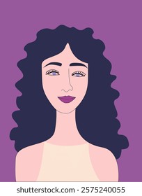 Vector illustration.Portrait of a young beautiful girl with dark wavy hair.Portrait, avatar of a person: face and shoulders.Girl with a bright exotic appearance.Cartoon style portrait, doodle .

