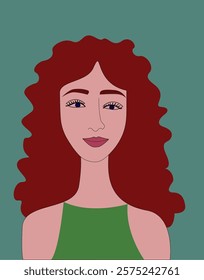 Vector illustration.Portrait of a young beautiful girl with red wavy hair.Portrait, avatar of a person: face and shoulders.Girl with a bright exotic appearance.Cartoon style portrait, doodle .
