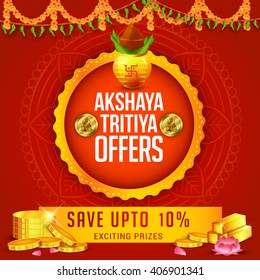 Vector illustration,poster or banner of Akshaya Tritiya celebration with a golden kalash, gold coins and gold bar on decorated background.