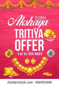 Vector illustration,poster or banner of Akshaya Tritiya celebration jewellery offer promotion with gold coins, gold bar and gold jewellery on decorated background.