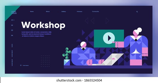 Vector illustration.Presentation slide. Woman teacher at a workshop, man, student sitting with a laptop. Slide presentation, web page, cover. Business illustration in modern style, mosaic, vector poly