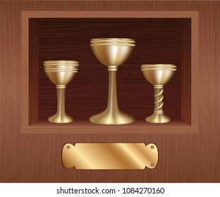 Vector illustration-Prize gold cups are in the showcase, an exhibition of trophies and awards on a wooden shelf in a closet niche.