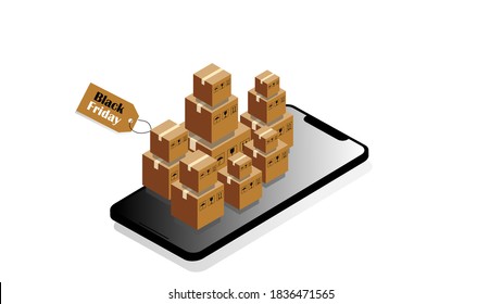 Vector illustration.Quarantine in the city.Online delivery service concept, online order tracking, home and office delivery. Online shopping concept. Sale, Black Friday.Pictured: smartphone and boxes.