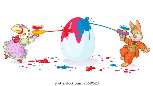 Vector illustration,rabbits painting egg, Easter card concept, white background.
