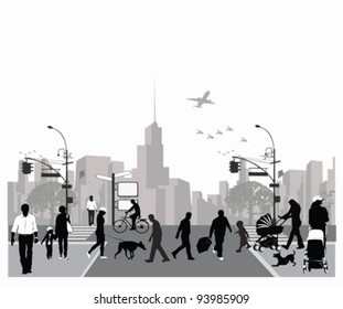 Vector illustration.Rush city street.Crowd of people walking 