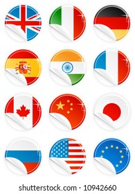 Vector illustrations of 12 national flag/emblem buttons/tags/icons in glossy modern style with peel effect: UK, Italy, Germany, Spain, India, France, Canada, China, Japan, Russia, USA and EU.