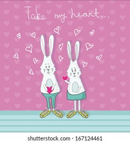 Vector illustrations of 2 cartoon rabbits with heart on the pink background