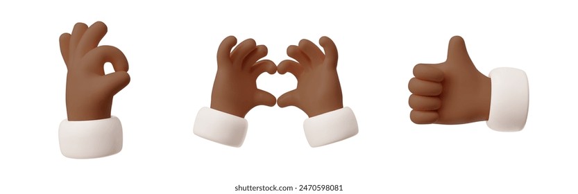 Vector illustrations of 3D gestures on a white background: OK , heart , thumbs up , icons perfect for Valentine's Day and social media emoji icons.