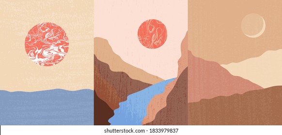 Vector illustrations. 50s-60s retro graphic. Hand drawn landscapes. Vintage backgrounds. Minimalist mountains and hills. Marbled sun abstraction. Grain texture. Design for posters, book cover, flyer