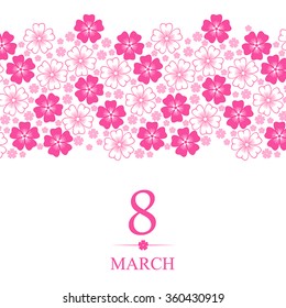 Vector illustrations of 8 March card decorated pink flowers horizontal ornament