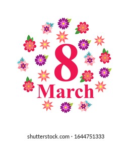 Vector illustrations of 8 March congratulatory card with flowers round decoration