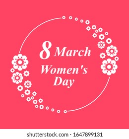 Vector illustrations of 8 March congratulatory card with flowers round decoration on pink background