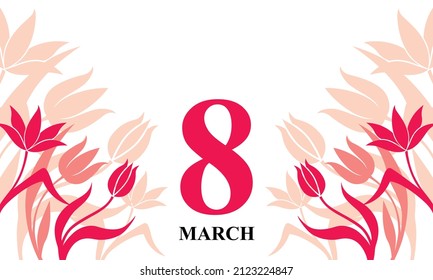 Vector illustrations of 8 March congratulatory card with tulips flower decor