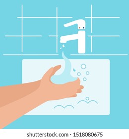 Vector illustrations about washing hands during the pandemic of the Covid-19 virus, hygiene, health care. Faucet in the bathroom with pouring water, soap and hands. Design template, icon.