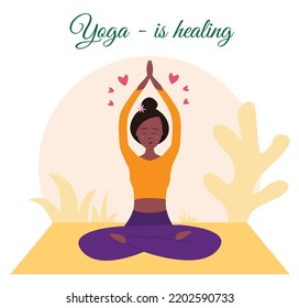 Vector illustrations about yoga and meditation, relaxed girl with closed eyes and smile is doing yoga in the lotus pose outdoor. Concept of zen and harmony