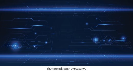 Vector illustrations of abstract blue digital hi tech background with glowing horizontal line and digital element circuit pattern.Digital technology concept.