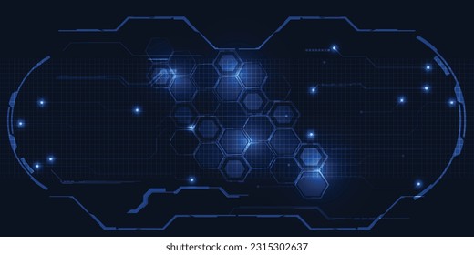 Vector illustrations of abstract blue digital hi tech background with glowing horizontal line and digital element circuit pattern.Digital communication innovation and technology concept.