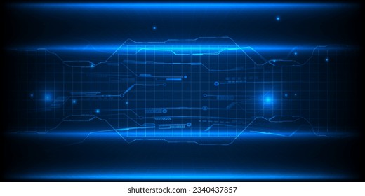 Vector illustrations of abstract blue digital hi tech background with glowing horizontal line and digital element circuit pattern.Digital technology concept.