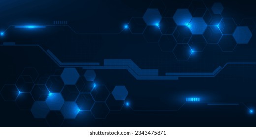 Vector illustrations of abstract blue digital hi tech background with glowing horizontal line and digital element circuit pattern.Digital technology concept.