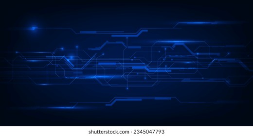 Vector illustrations of abstract blue digital hi tech background with glowing horizontal line and digital element circuit pattern.Digital technology concept.