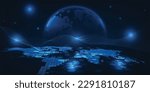Vector illustrations of Abstract blue futuristic globe digital economic or metaverse with glowing particles around.Digital innovation and technology concepts.