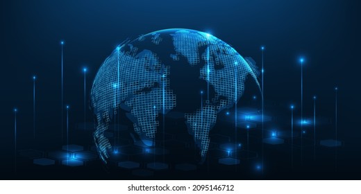 Vector illustrations of abstract blue futuristic globe digital economic or metaverse with glowing particles around.Digittal innovation and technology concepts.