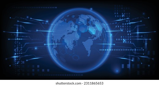 Ilustraciones vectoriales del globo futurista azul abstracto con forma de onda de conexión de puntos y red hexagonal geométrica tecnológica.Conceptos de tecnología de la comunicación digital.