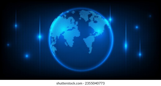 Vektorgrafiken von abstrakten blauen futuristischen Globus digital economic oder metaverse mit leuchtenden Teilchen um.Digitale Innovation und Technologiekonzepte.