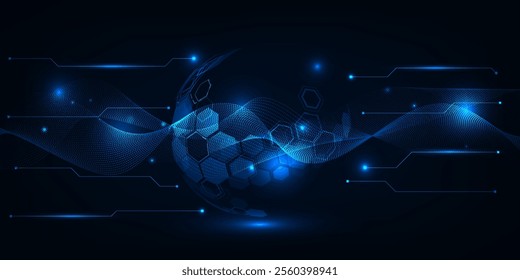 Vector illustrations of Abstract blue futuristic globe digital economic or metaverse with glowing particles around.Digital innovation and technology concepts.