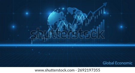 Vector illustrations of Abstract blue futuristic globe digital economic or metaverse with glowing particles around.Digital innovation and technology concepts.