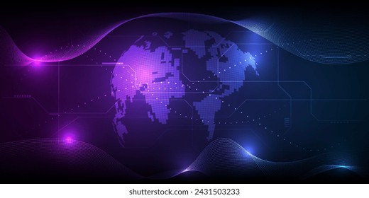 Vector illustrations of Abstract blue purple futuristic globe digital economic or metaverse with glowing particles around.Digital innovation and technology concepts.