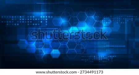 Vector illustrations of abstract bright glowing blue hexagonal network pattern digital hi tech background.